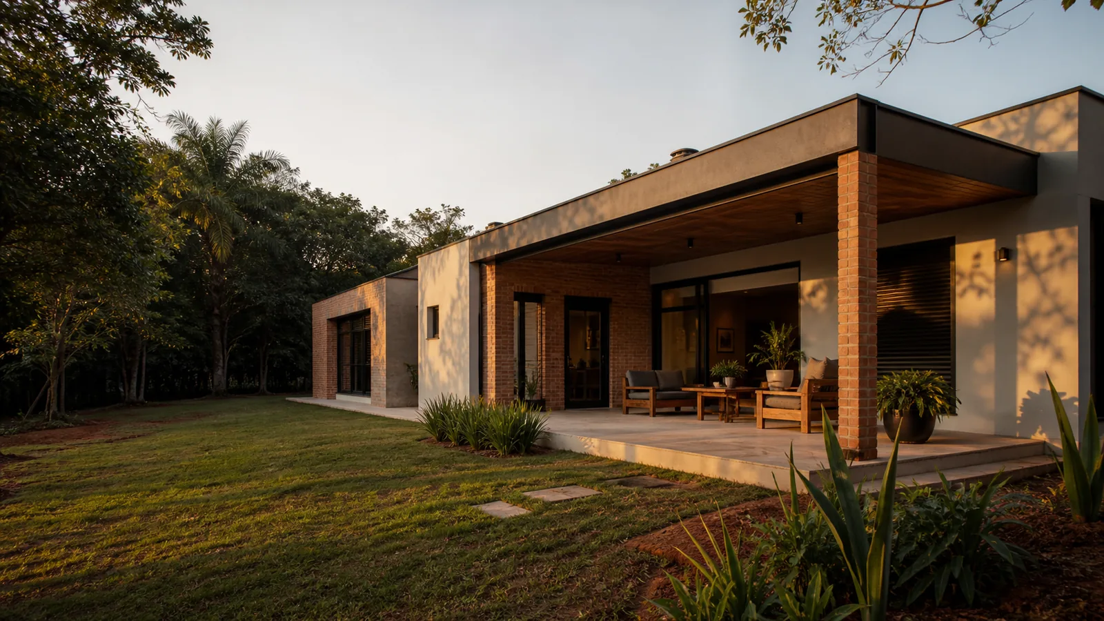 Casa contemporánea de ladrillo visto con galería y jardín, estilo paraguayo moderno